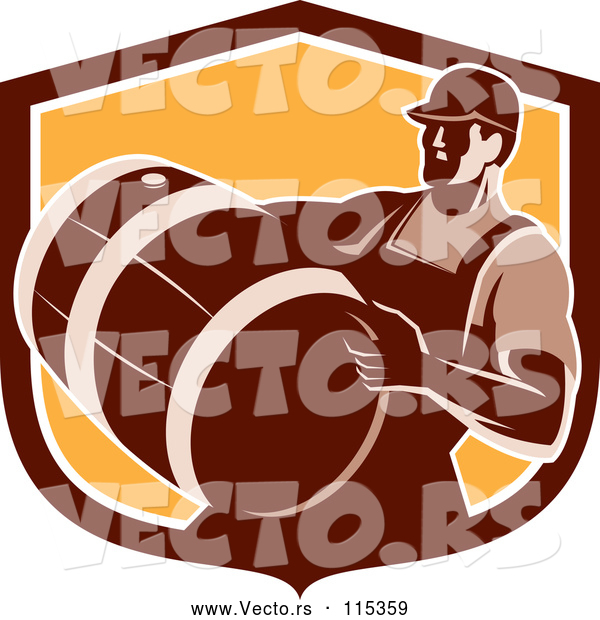 Vector of Retro Male Bartender Carrying a Keg in a Brown and Orange Shield