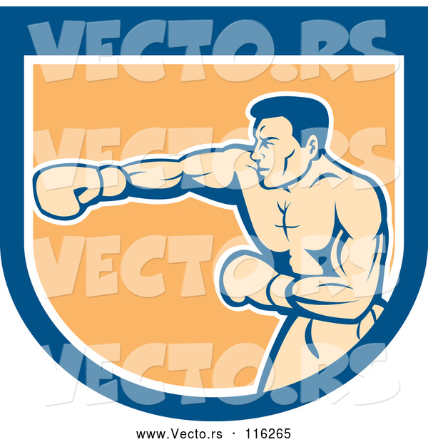 Vector of Retro Male Boxer Punching in a Blue White and Orange Shield