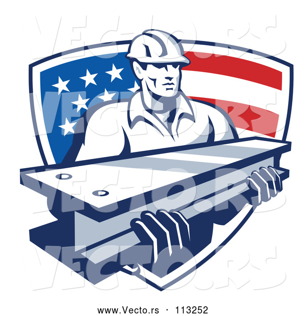 Vector of Retro Male Construction Worker Carrying an I Beam and Emerging from an American Flag Shield