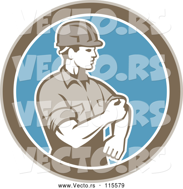 Vector of Retro Male Construction Worker Rolling up His Sleeve in a Brown White and Blue Circle