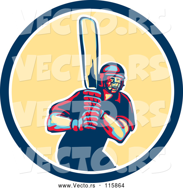 Vector of Retro Male Cricket Batsman in a Blue and Yellow Circle