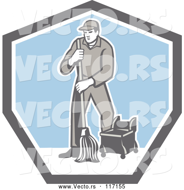Vector of Retro Male Custodian Janitor in a Shield
