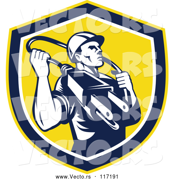 Vector of Retro Male Electrician with a Plug Around His Neck in a Shield