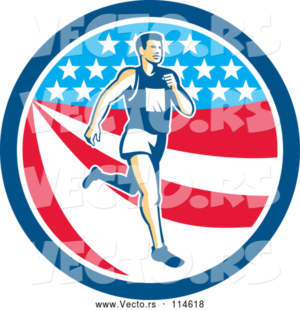Vector of Retro Male Marathon Runner over an American Stars and Stripes Circle