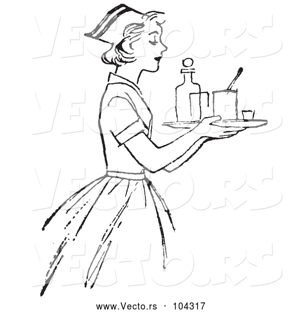 Vector of Retro Nurse Carrying a Tray with Medicine in Black and White