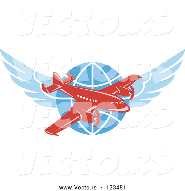 Vector of Retro Red Jumbo Jet Propeller Airplane over a Winged Globe