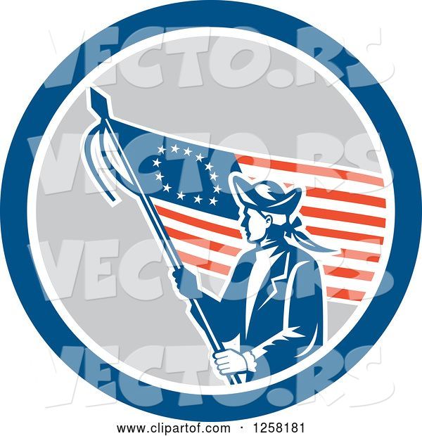 Vector of Retro Revolutionary Soldier with an American Betsy Ross Flag in a Blue White and Gray Circle