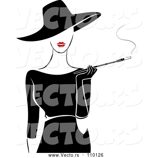 Vector of Retro Stylish Lady Wearing a Hat and Black Dress, Smoking a Cigarette with a Long Filter