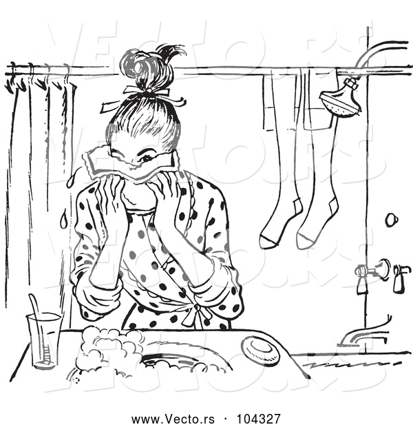 Vector of Retro Teen Girl Washing Her Face in Black and White
