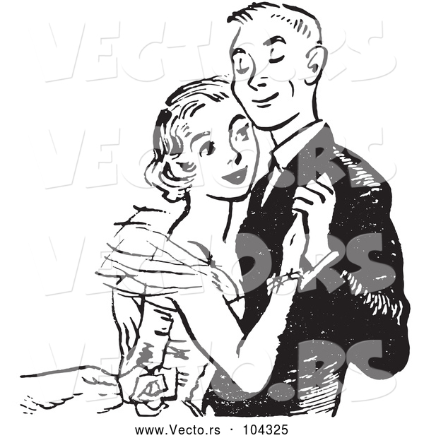 Vector of Retro Teenage Couple Dancing at High School Prom in Black and White