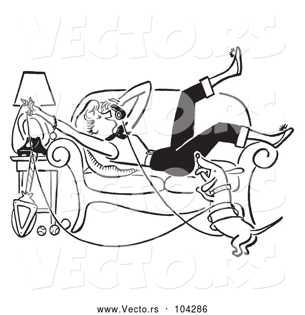 Vector of Retro Weiner Dog and Teen Girl Laying on a Couch While Talking on a Landline Telephone, in Black and White