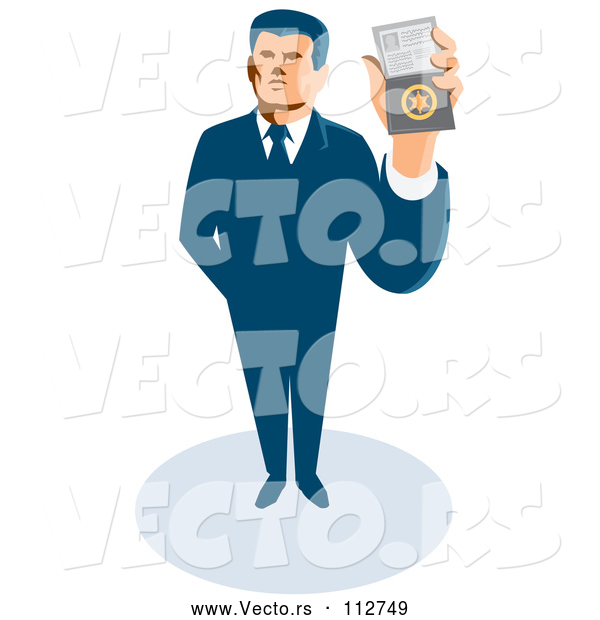Vector of Retro White Male Secret Agent Holding up an Id Badge