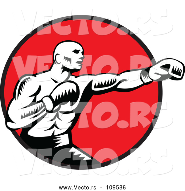 Vector of Retro Woodcut Black and White Male Boxer Jabbing in a Red Circle