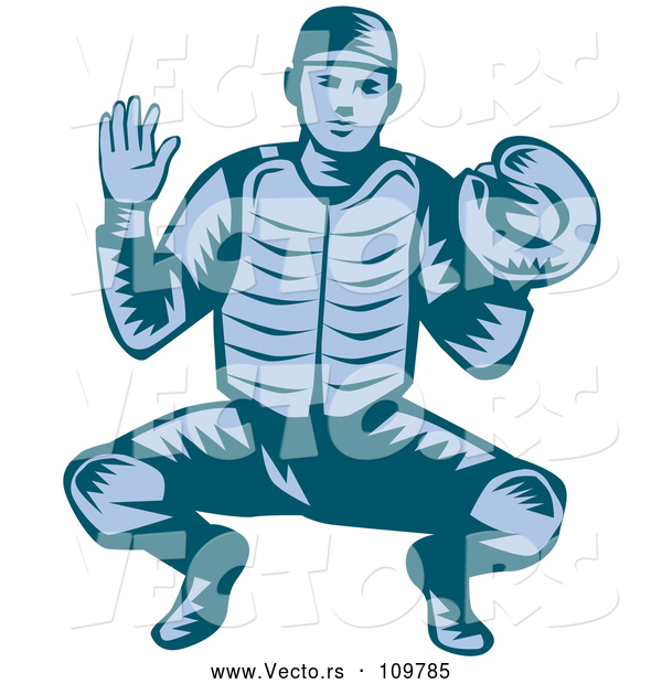 Vector of Retro Woodcut Blue Baseball Catcher in a Squat Position