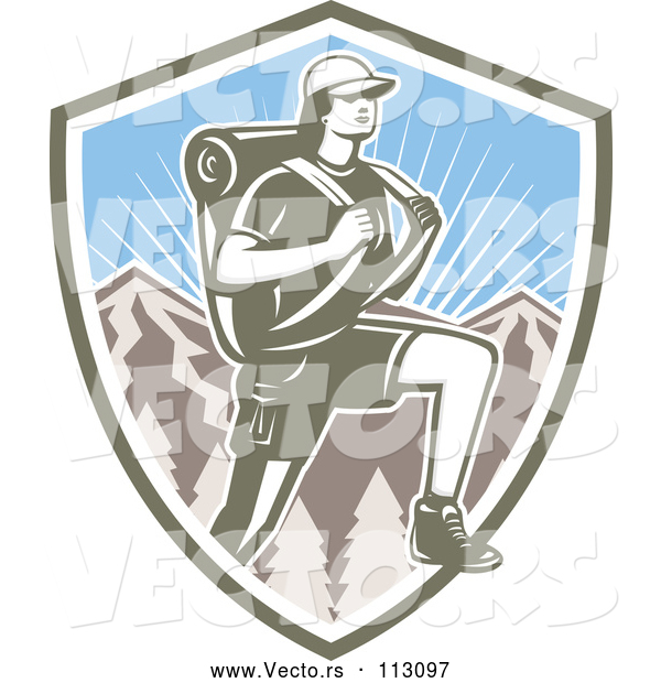 Vector of Retro Woodcut Female Hiker over Mountains and Sunshine in a Shield