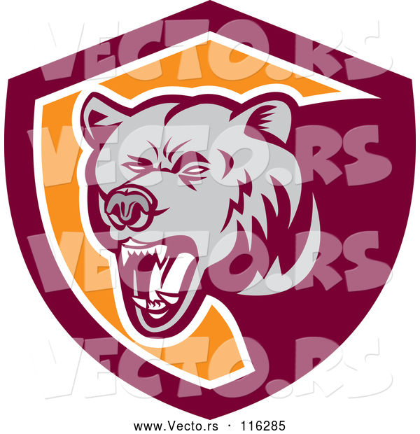 Vector of Retro Woodcut Grizzly Bear Roaring in a Maroon and Orange Shield