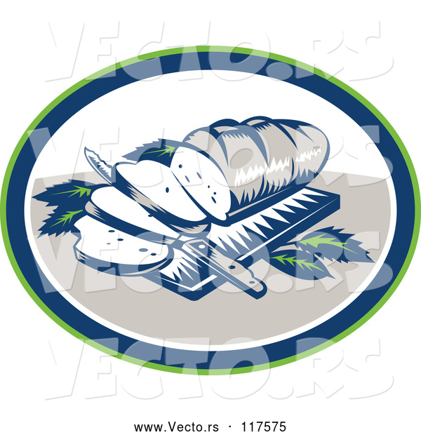 Vector of Retro Woodcut Loaf of Bread with Slices and Knife on a Board in an Oval