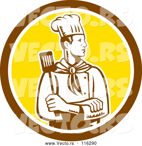 Vector of Retro Woodcut Male Chef with a Spatula in a Brown and Yellow Circle