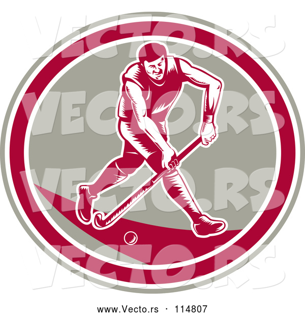Vector of Retro Woodcut Male Field Hokey Player in a Taupe White and Pink Oval