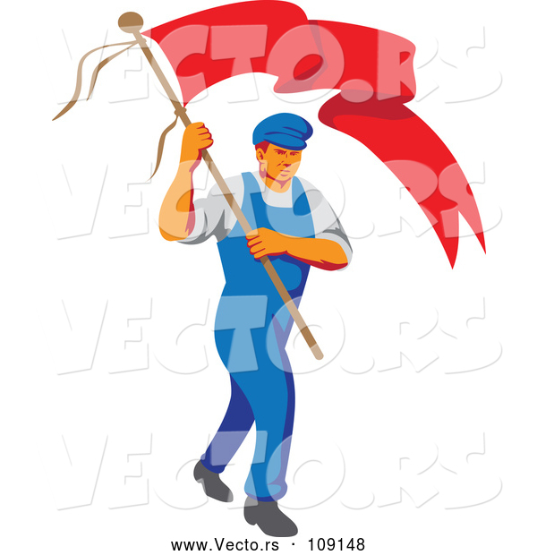 Vector of Retro Wpa Styled Male Worker Marching Wtih a Flag