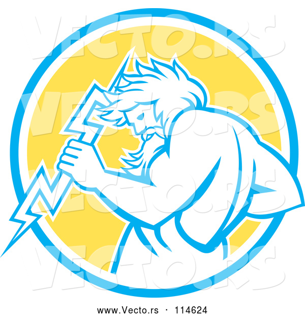 Vector of Retro Zeus Holding a Thunder Bolt in a Blue White and Yellow Circle