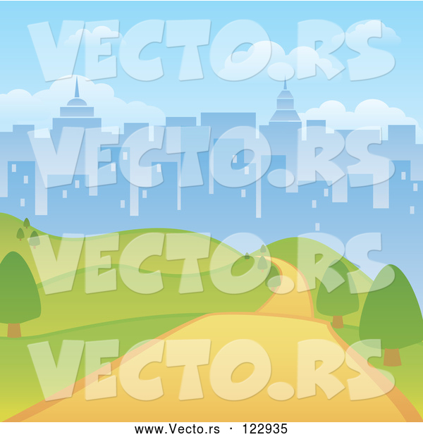 Vector of Road Through a Hilly Park with a City Skyline Background