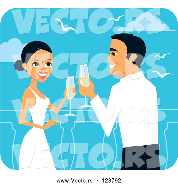 Vector of Romantic Bride and Groom Toasting with Champagne on Their Honeymoon