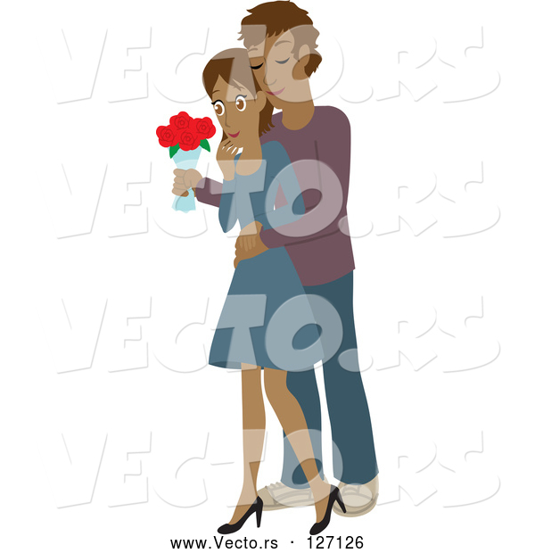 Vector of Romantic Hispanic Guy Standing Behind His Wife and Surprising Her with a Bouquet of Colorful Roses