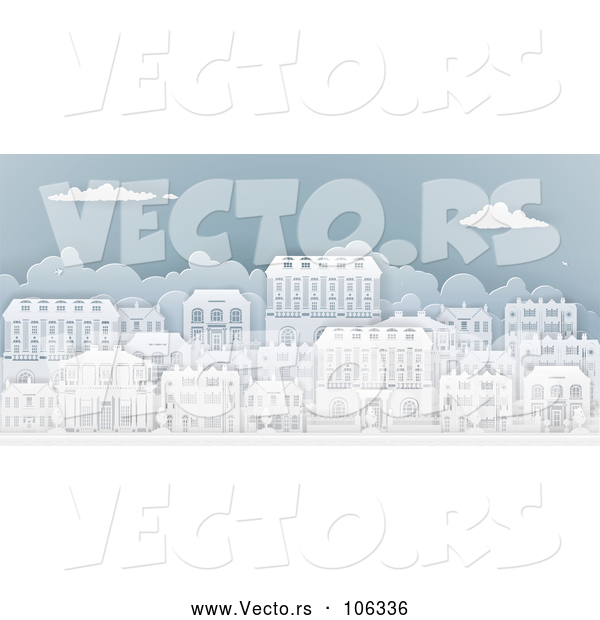 Vector of Row of Paper Cut Styled Georgian or Victorian Houses in a Neighborhood, on Blue