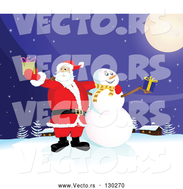 Vector of Santa Claus and Frosty the Snowman Standing Under a Full Moon, Outside on a Snowy Wintry Night, Holding Christmas Presents