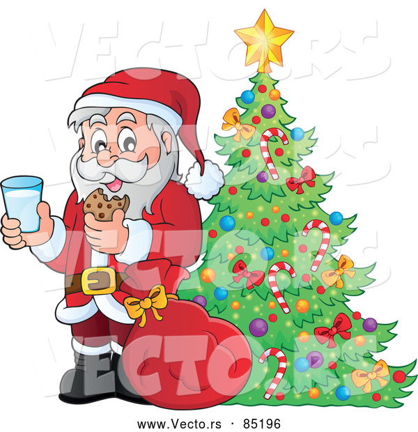 Vector of Santa Enjoying Milk and Cookies Beside a Pretty Christmas Tree