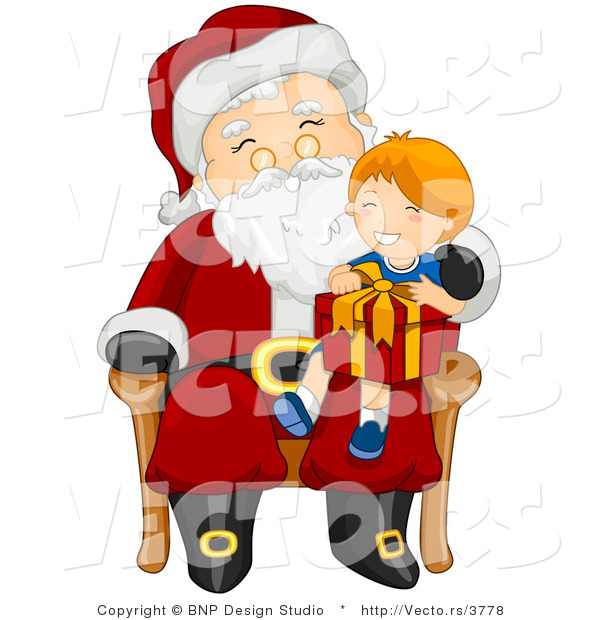 Vector of Santa Giving Present to Happy Boy Sitting on His Lap