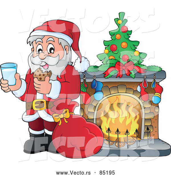Vector of Santa Having Milk with Cookies Beside a Toasty Fireplace