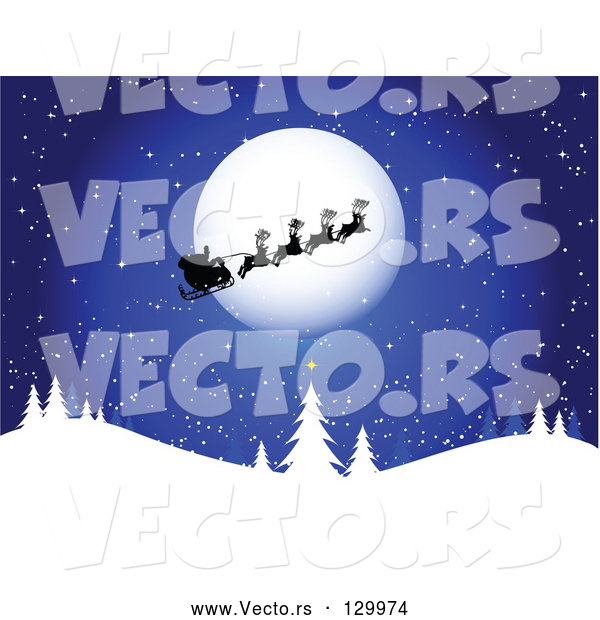 Vector of Santa, His Sleigh and Reindeer Silhouetted As They Pass in Front of the Full Moon on a Blue, Snowy, Wintry Night