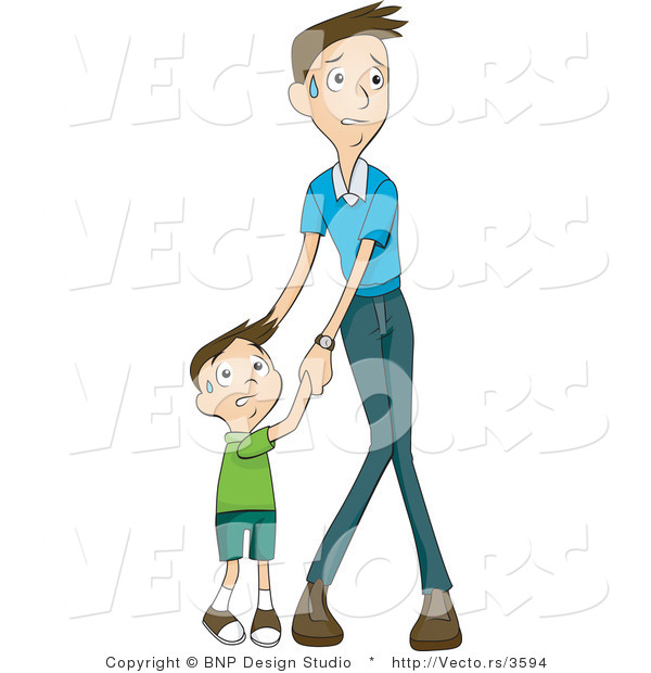 Vector of Scared Son and Father Holding Hands
