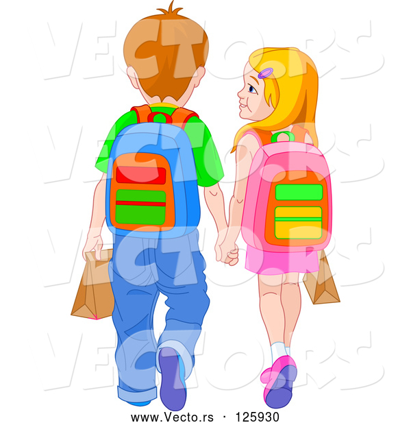 Vector of School Boy and Girl Holding Hands and Walking