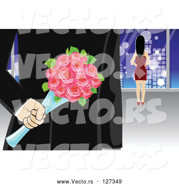 Vector of Secretive Gentleman with Surprise Roses Behind His Back While Walking Towards a Lady