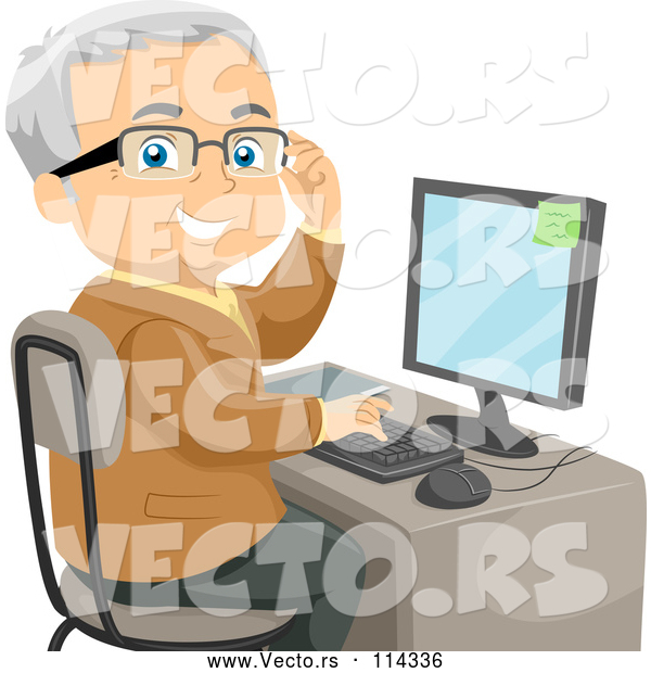 Vector of Senior White Guy Adjusting His Glasses and Using a Desktop Computer