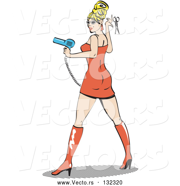 Vector of Sexy Blond Bombshell Beautician Lady Wearing a Tight Orange Dress and Tall Orange Boots and Holding a Pair of Scissors and Blow Dryer at a Salon
