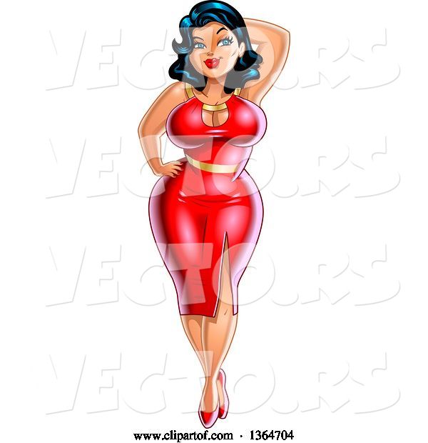 Vector of Sexy Curvatious Black Haired Pinup Lady Posing in a Red Dress