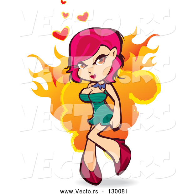 Vector of Sexy Pink Haired White Lady in a Tight Green Dress and High Heels, Flaming with Hearts