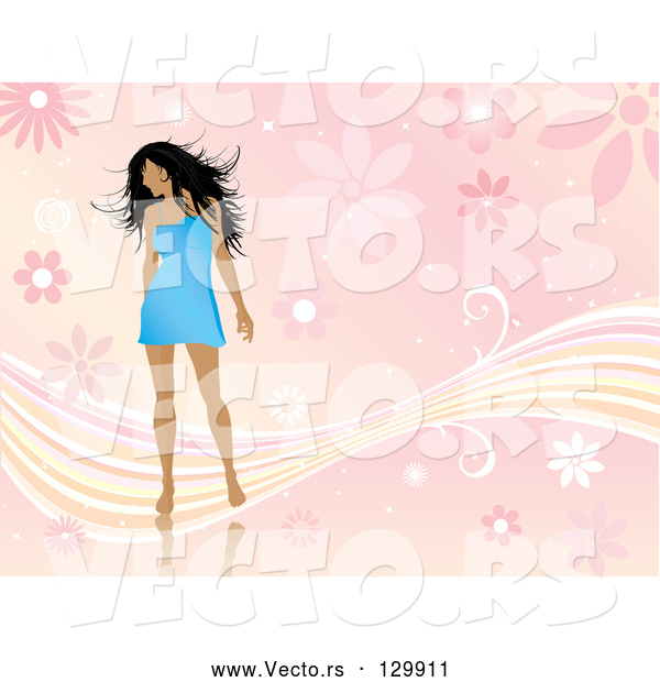 Vector of Sexy Young Black Haired Lady in a Short Blue Dress, Looking over Her Shoulder and Standing over a Pink Floral Background with Waves