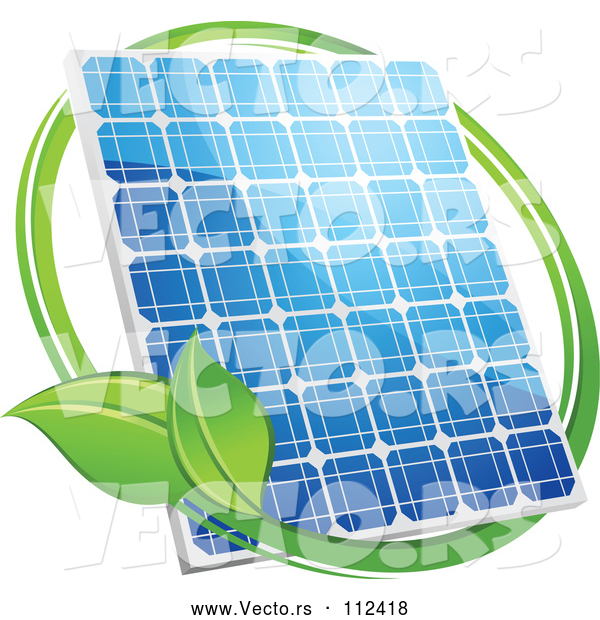 Vector of Shiny Blue Solar Panel with a Circle of Green Leaves