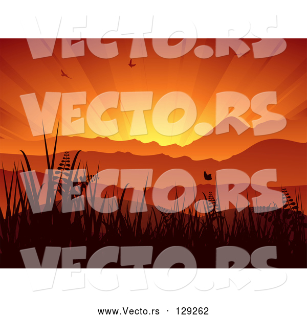 Vector of Silhouetted Birds and Butterflies Flying Above Grasses and Mountains Against a Bursting Orange Sunset Sky