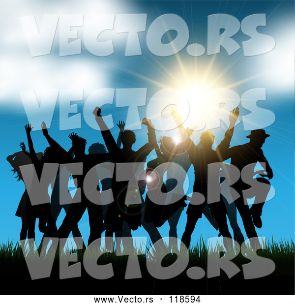 Vector of Silhouetted Crowd Dancing in Grass Against a Sunset and Blue Sky