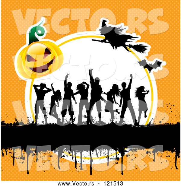 Vector of Silhouetted Dancers with Gurnge a Halloween Pumpkin and Witches on Orange