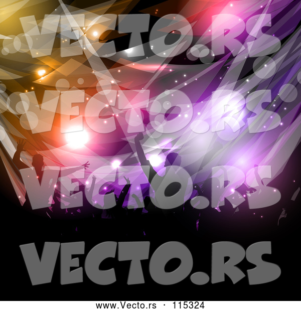 Vector of Silhouetted Dancing and Cheering Crowd over Colorful Flares and Lights