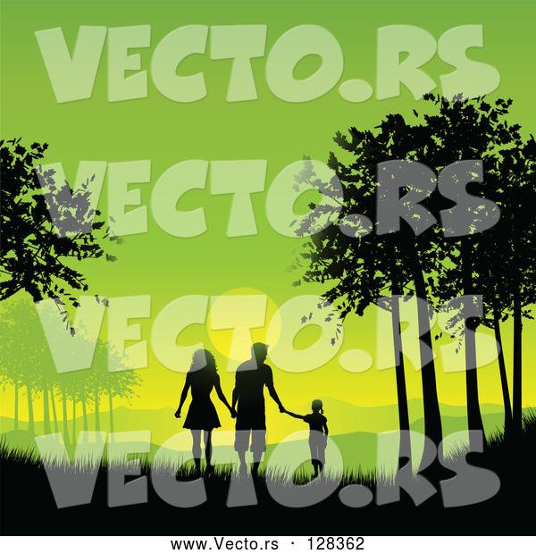 Vector of Silhouetted Family Holding Hands and Walking Between Trees Against a Green Sunset