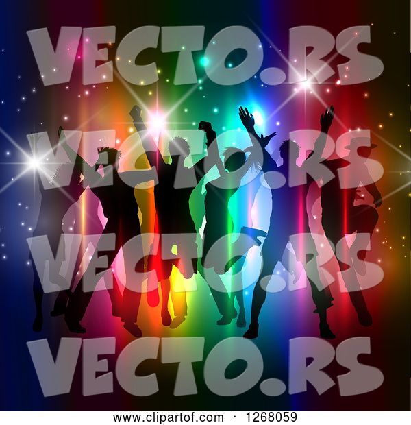 Vector of Silhouetted Group of People Dancing and Jumping over Colorful Lights and Flares
