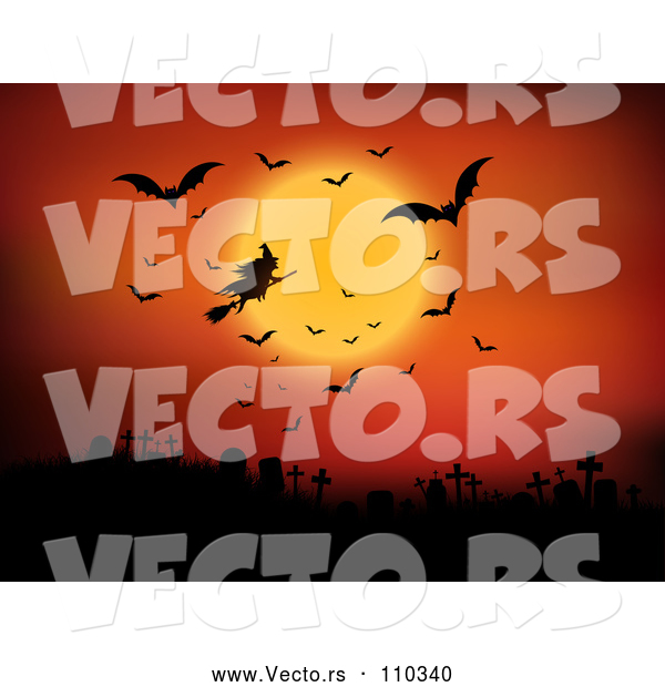 Vector of Silhouetted Halloween Witch Flying on a Broomstick Against an Orange Full Moon Sky with Vampire Bats over a Cemetery